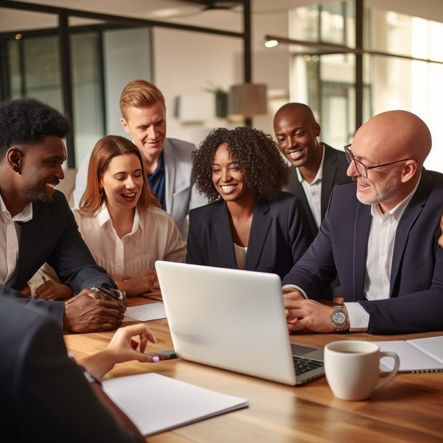 A group of diverse businesspeople gathered around a conference table.